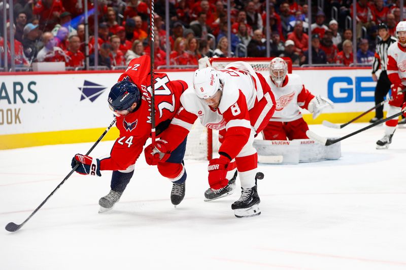 Mar 26, 2024; Washington, District of Columbia, USA; Detroit Red Wings defenseman Ben Chiarot (8) and Washington Capitals center Connor McMichael (24) battle for the puck during the first period at Capital One Arena. Mandatory Credit: Amber Searls-USA TODAY Sports