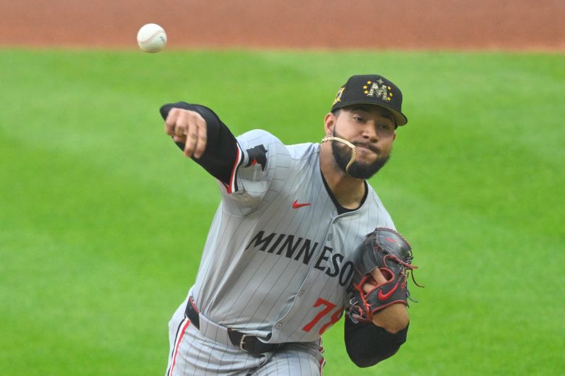 May 17, 2024; Cleveland, Ohio, USA; Minnesota Twins starting pitcher Simeon Woods Richardson (78) delivers a pitch in the first inning against the Cleveland Guardians at Progressive Field. Mandatory Credit: David Richard-USA TODAY Sports