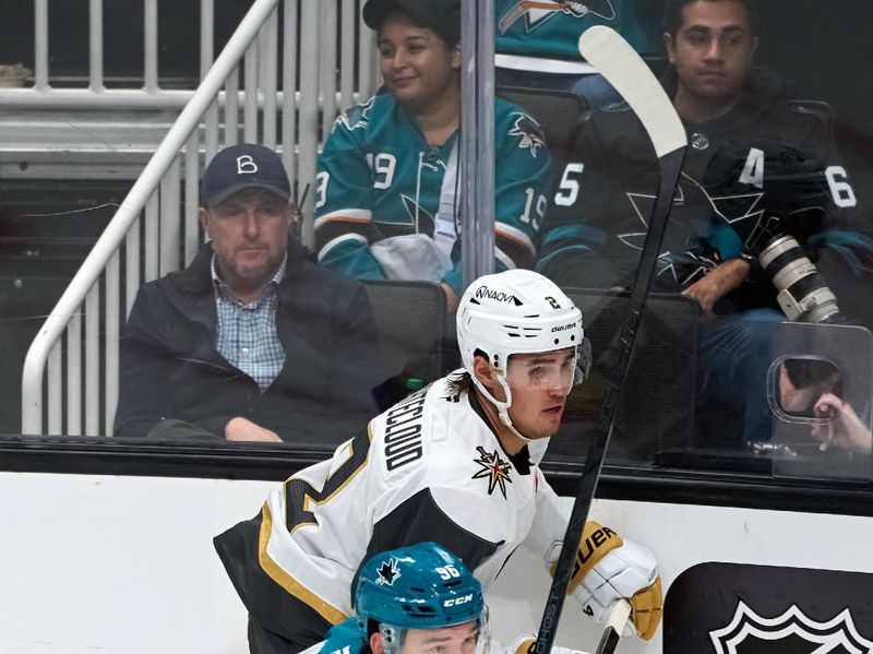 Oct 9, 2025; San Jose, California, USA; San Jose Sharks center Philipp Kurashev (96) skates against Vegas Golden Knights defenseman Zach Whitecloud (2) during the third period at SAP Center at San Jose. Mandatory Credit: Robert Edwards-Imagn Images