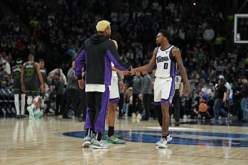 MINNEAPOLIS, MN -  MARCH 1: Sacramento Kings celebrates during the game against the Minnesota Timberwolves on March 1, 2024 at Target Center in Minneapolis, Minnesota. NOTE TO USER: User expressly acknowledges and agrees that, by downloading and or using this Photograph, user is consenting to the terms and conditions of the Getty Images License Agreement. Mandatory Copyright Notice: Copyright 2024 NBAE (Photo by Jordan Johnson/NBAE via Getty Images)