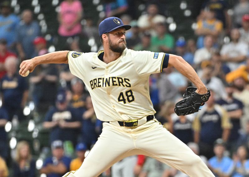 Sep 16, 2024; Milwaukee, Wisconsin, USA; Milwaukee Brewers pitcher Colin Rea (48) throws his first career save against the Philadelphia Phillies in a 6-2 win at American Family Field. Mandatory Credit: Michael McLoone-Imagn Images