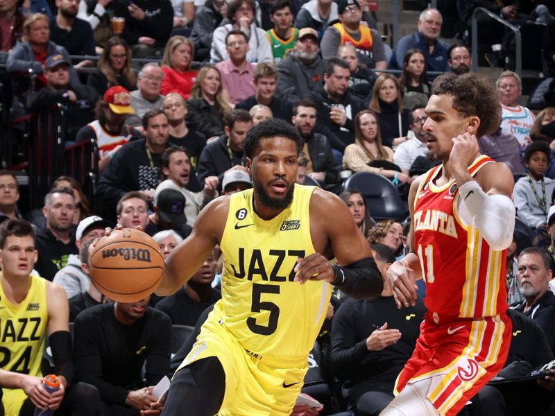 SALT LAKE CITY, UT - FEBRUARY 3: Malik Beasley #5 of the Utah Jazz dribbles the ball during the game against the Atlanta Hawks on February 3, 2023 at vivint.SmartHome Arena in Salt Lake City, Utah. NOTE TO USER: User expressly acknowledges and agrees that, by downloading and or using this Photograph, User is consenting to the terms and conditions of the Getty Images License Agreement. Mandatory Copyright Notice: Copyright 2023 NBAE (Photo by Melissa Majchrzak/NBAE via Getty Images)