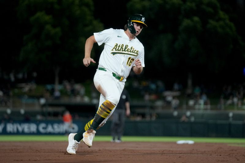 Sep 24, 2025; West Sacramento, California, USA; Athletics first baseman Nick Kurtz (16) prepares to round third base before scoring a run against the Houston Astros in the third inning at Sutter Health Park. Mandatory Credit: Cary Edmondson-Imagn Images