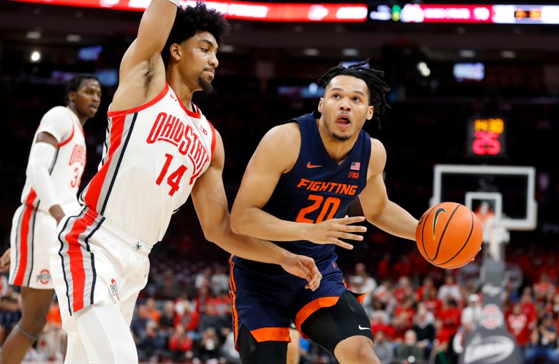 Feb 26, 2023; Columbus, Ohio, USA;  Illinois Fighting Illini forward Ty Rodgers (20) looks to score as Ohio State Buckeyes forward Justice Sueing (14) defends during the first half at Value City Arena. Mandatory Credit: Joseph Maiorana-USA TODAY Sports