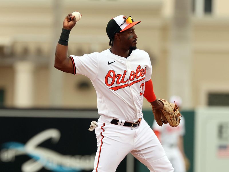 Mar 2, 2024; Sarasota, Florida, USA; Baltimore Orioles shortstop Jorge Mateo (3) throws the ball to first base for a double play during the third inning against the New York Yankees at Ed Smith Stadium. Mandatory Credit: Kim Klement Neitzel-USA TODAY Sports