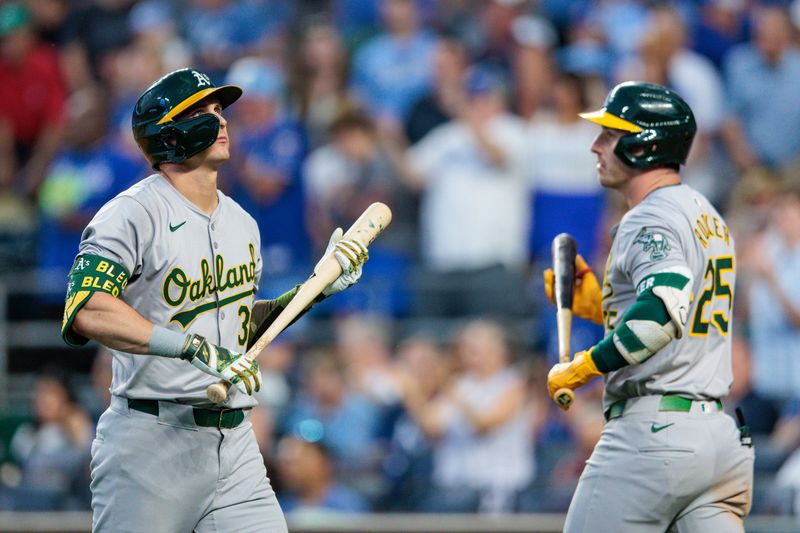 May 18, 2024; Kansas City, Missouri, USA; Oakland Athletics outfielder JJ Bleday (33) walks back to the dugout after striking out during the eighth inning against the Kansas City Royals at Kauffman Stadium. Mandatory Credit: William Purnell-USA TODAY Sports