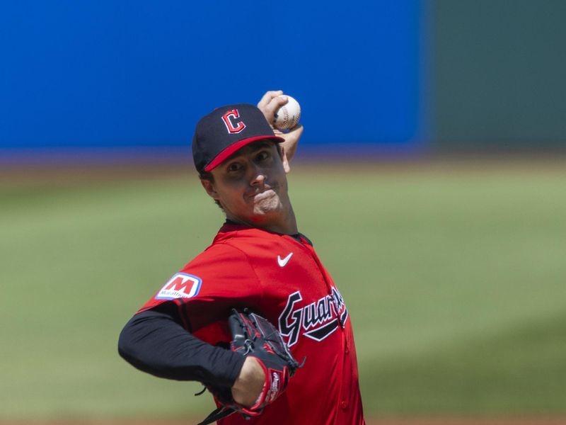 Apr 14, 2024; Cleveland, Ohio, USA; Cleveland Guardians starting pitcher Logan Allen (41) pitches in the first inning to the New York Yankees at Progressive Field. Mandatory Credit: Scott Galvin-USA TODAY Sports