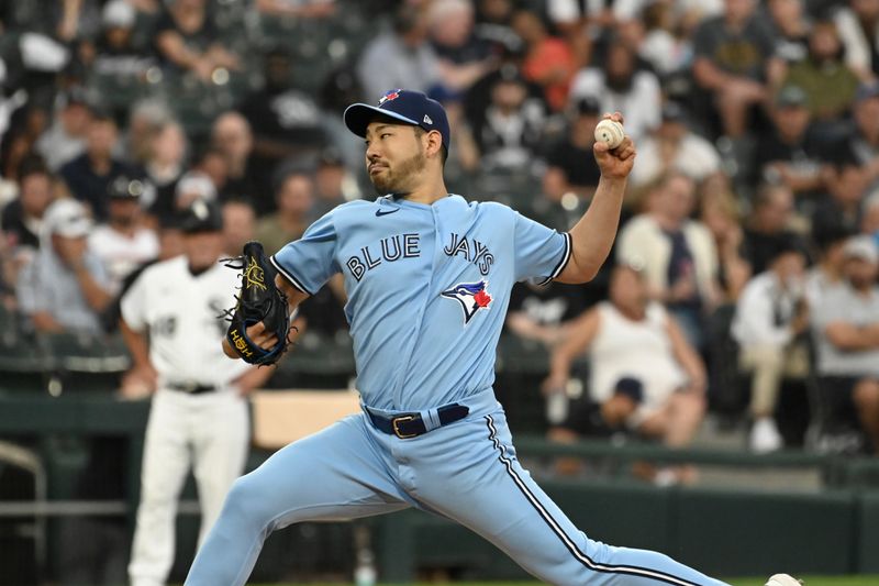 Jul 6, 2023; Chicago, Illinois, USA;  Toronto Blue Jays starting pitcher Yusei Kikuchi (16) delivers against the Chicago White Sox during the first inning at Guaranteed Rate Field. Mandatory Credit: Matt Marton-USA TODAY Sports