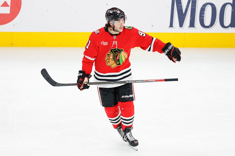 Oct 19, 2025; Chicago, Illinois, USA; Chicago Blackhawks center Frank Nazar (91) celebrates after scoring against the Anaheim Ducks during the third period at United Center. Mandatory Credit: Kamil Krzaczynski-Imagn Images