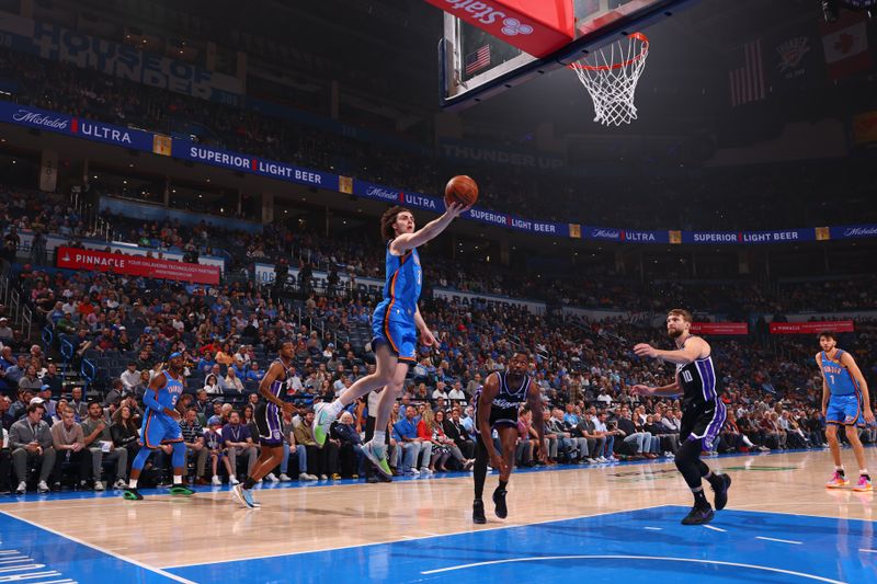 OKLAHOMA CITY, OK - APRIL 9: Josh Giddey #3 of the Oklahoma City Thunder shoots the ball during the game against the Sacramento Kings on April 9, 2024 at Paycom Arena in Oklahoma City, Oklahoma. NOTE TO USER: User expressly acknowledges and agrees that, by downloading and or using this photograph, User is consenting to the terms and conditions of the Getty Images License Agreement. Mandatory Copyright Notice: Copyright 2024 NBAE (Photo by Zach Beeker/NBAE via Getty Images)