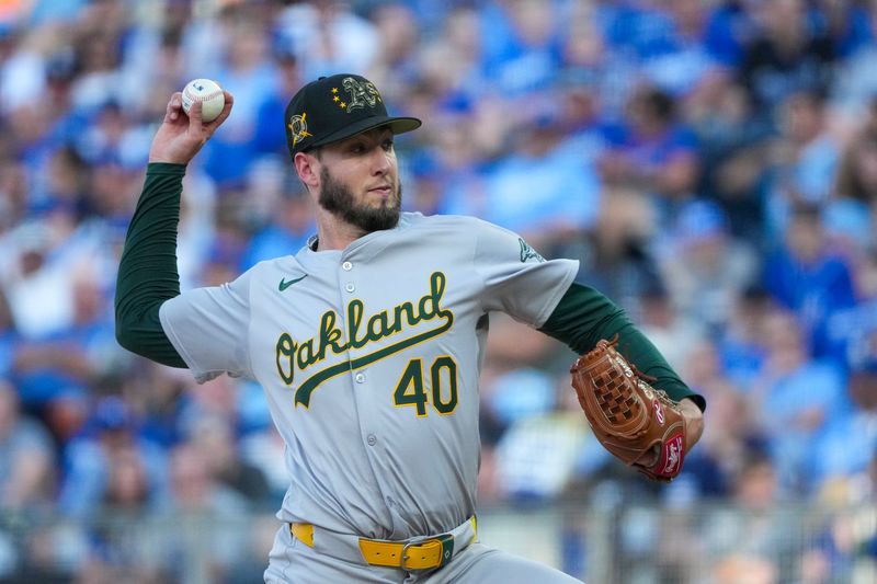 May 17, 2024; Kansas City, Missouri, USA; Oakland Athletics starting pitcher Mitch Spence (40) delivers a pitch against the Kansas City Royals at Kauffman Stadium. Mandatory Credit: Denny Medley-USA TODAY Sports