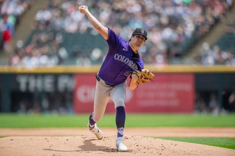 Jun 29, 2024; Chicago, Illinois, USA; Colorado Rockies starting pitcher Cal Quantrill (47) pitches during the first inning against the Chicago White Sox at Guaranteed Rate Field. Mandatory Credit: Patrick Gorski-USA TODAY Sports