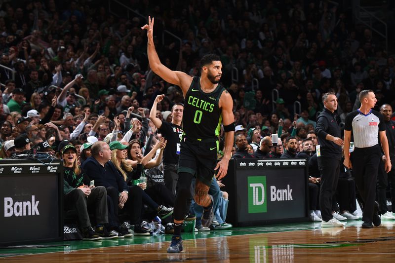 BOSTON, MA - NOVEMBER 16: Jayson Tatum #0 of the Boston Celtics celebrates during the game against the Toronto Raptors on November 16, 2024 at TD Garden in Boston, Massachusetts. NOTE TO USER: User expressly acknowledges and agrees that, by downloading and/or using this Photograph, user is consenting to the terms and conditions of the Getty Images License Agreement. Mandatory Copyright Notice: Copyright 2024 NBAE (Photo by Brian Babineau/NBAE via Getty Images)