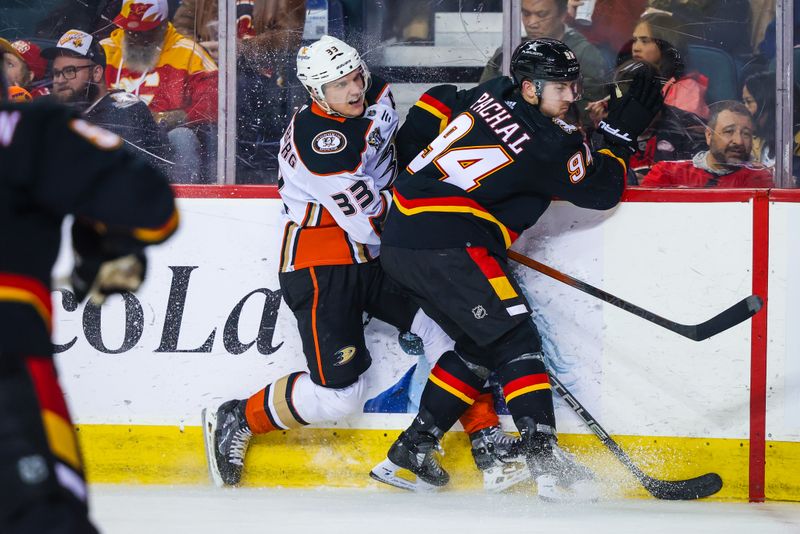 Apr 2, 2024; Calgary, Alberta, CAN; Calgary Flames defenseman Brayden Pachal (94) and Anaheim Ducks right wing Jakob Silfverberg (33) battles for the puck during the second period at Scotiabank Saddledome. Mandatory Credit: Sergei Belski-USA TODAY Sports