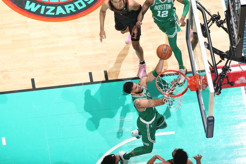 WASHINGTON, DC -? MARCH 17: Jayson Tatum #0 of the Boston Celtics drives to the basket during the game against the Washington Wizards on March 17, 2024 at Capital One Arena in Washington, DC. NOTE TO USER: User expressly acknowledges and agrees that, by downloading and or using this Photograph, user is consenting to the terms and conditions of the Getty Images License Agreement. Mandatory Copyright Notice: Copyright 2024 NBAE (Photo by Stephen Gosling/NBAE via Getty Images)