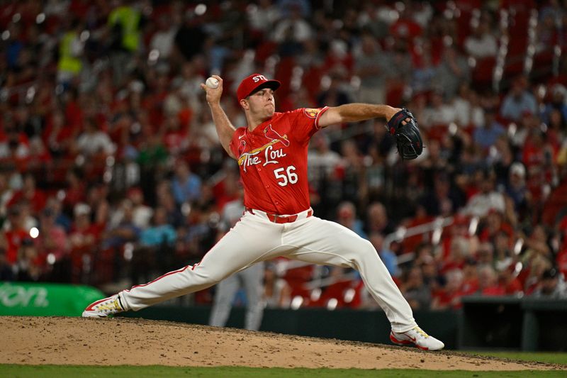 Jun 28, 2024; St. Louis, Missouri, USA; St. Louis Cardinals pitcher Ryan Helsley (56) throws against the Cincinnati Reds during the ninth inning at Busch Stadium. Mandatory Credit: Jeff Le-USA TODAY Sports