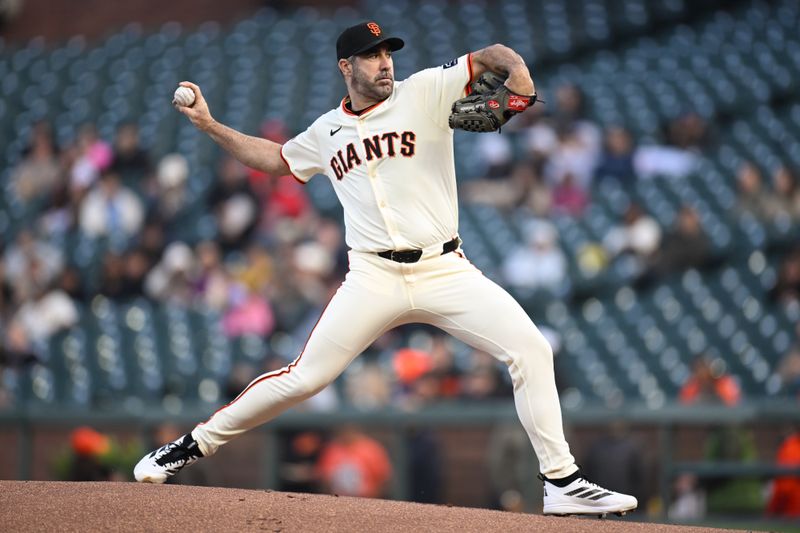 May 1, 2025; San Francisco, California, USA; San Francisco Giants starting pitcher Justin Verlander (35) throws against the Colorado Rockies in the first inning at Oracle Park. Mandatory Credit: Eakin Howard-Imagn Images