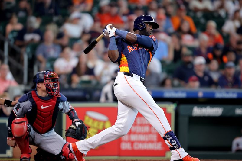 Jun 1, 2024; Houston, Texas, USA; Houston Astros designated hitter Yordan Alvarez (44) hits a home run against the Minnesota Twins during the fifth inning at Minute Maid Park. Mandatory Credit: Erik Williams-USA TODAY Sports