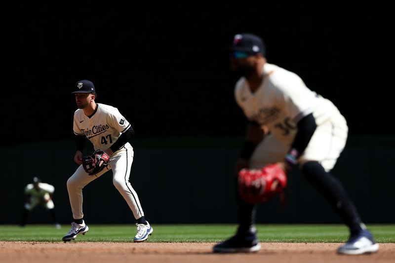 Apr 25, 2024; Minneapolis, Minnesota, USA; Minnesota Twins second baseman Edouard Julien (47) readies for play against the Chicago White Sox during the third inning at Target Field. Mandatory Credit: Matt Krohn-USA TODAY Sports