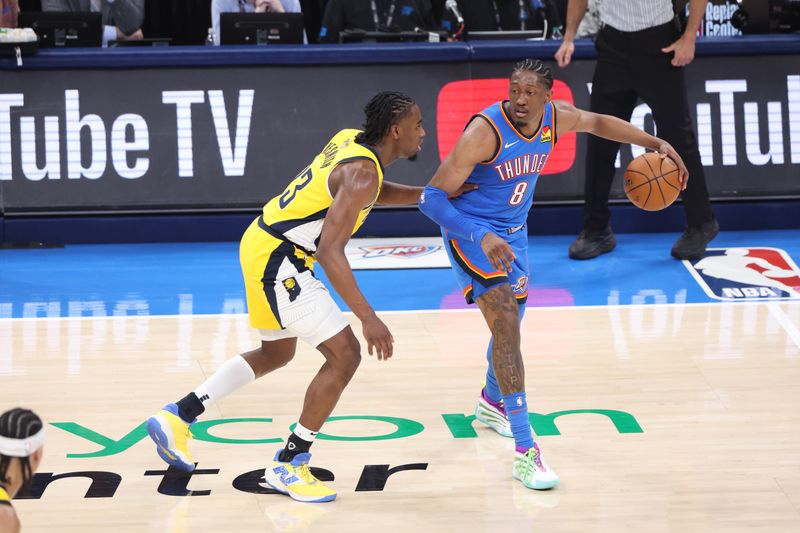 OKLAHOMA CITY, OK - JUNE 8: Jalen Williams #8 of the Oklahoma City Thunder dribbles the ball during the game against the Indiana Pacers during Game 2 of the 2025 NBA Finals on June 8, 2025 at Paycom Center in Oklahoma City, Oklahoma. NOTE TO USER: User expressly acknowledges and agrees that, by downloading and or using this photograph, User is consenting to the terms and conditions of the Getty Images License Agreement. Mandatory Copyright Notice: Copyright 2025 NBAE (Photo by Joe Murphy/NBAE via Getty Images)