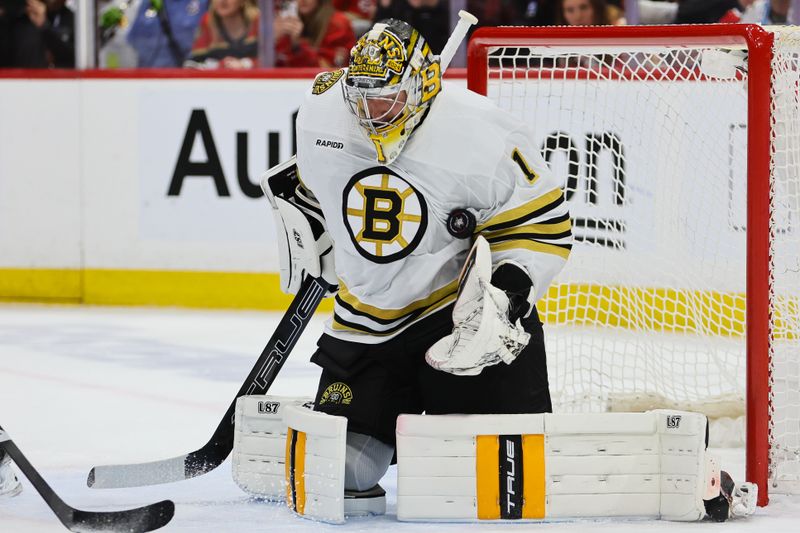 May 8, 2024; Sunrise, Florida, USA; Boston Bruins goaltender Jeremy Swayman (1) makes a save against the Florida Panthers during the first period in game two of the second round of the 2024 Stanley Cup Playoffs at Amerant Bank Arena. Mandatory Credit: Sam Navarro-USA TODAY Sports