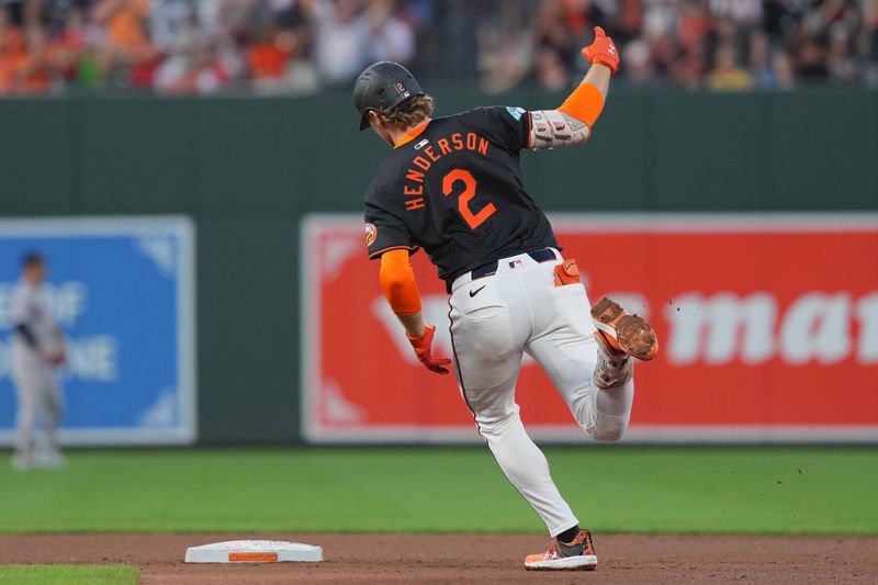 Aug 15, 2024; Baltimore, Maryland, USA; Baltimore Orioles  shortstop Gunnar Henderson (2) rounds the bases following his two run home run in the fourth inning against the Boston Red Sox at Oriole Park at Camden Yards. Mandatory Credit: Mitch Stringer-USA TODAY Sports