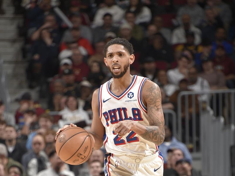 CLEVELAND, OH - FEBRUARY 12: Cameron Payne #22 of the Philadelphia 76ers handles the ball during the game against the Cleveland Cavaliers on February 12, 2024 at Rocket Mortgage FieldHouse in Cleveland, Ohio. NOTE TO USER: User expressly acknowledges and agrees that, by downloading and/or using this Photograph, user is consenting to the terms and conditions of the Getty Images License Agreement. Mandatory Copyright Notice: Copyright 2024 NBAE (Photo by David Liam Kyle/NBAE via Getty Images)