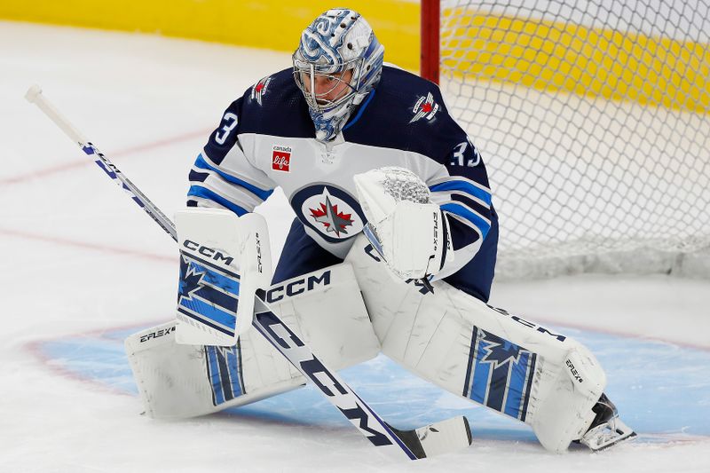 Sep 25, 2022; Edmonton, Alberta, CAN; Winnipeg Jets goaltender David Rittich (33) makes a save during warmup against the Edmonton Oilers at Rogers Place. Mandatory Credit: Perry Nelson-USA TODAY Sports