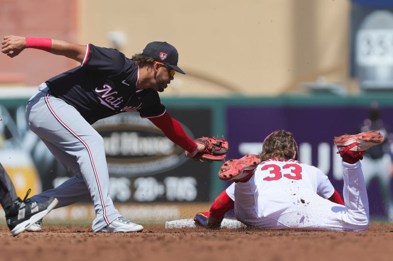 Mar 11, 2024; Jupiter, Florida, USA; St. Louis Cardinals second baseman Brendan Donovan (33) steals second base against Washington Nationals second baseman Luis Garcia Jr. (2) during the second inning at Roger Dean Chevrolet Stadium. Mandatory Credit: Sam Navarro-USA TODAY Sports