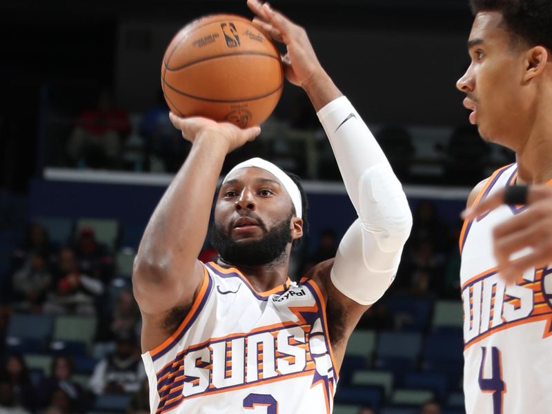 NEW ORLEANS, LA - DECEMBER 5: Josh Okogie #2 of the Phoenix Suns shoots the ball during the game against the New Orleans Pelicans on December 5, 2024 at the Smoothie King Center in New Orleans, Louisiana. NOTE TO USER: User expressly acknowledges and agrees that, by downloading and or using this Photograph, user is consenting to the terms and conditions of the Getty Images License Agreement. Mandatory Copyright Notice: Copyright 2024 NBAE (Photo by Layne Murdoch Jr./NBAE via Getty Images)