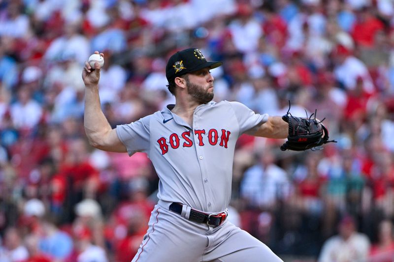 May 18, 2024; St. Louis, Missouri, USA;  Boston Red Sox starting pitcher Kutter Crawford (50) pitches against the St. Louis Cardinals during the first inning at Busch Stadium. Mandatory Credit: Jeff Curry-USA TODAY Sports