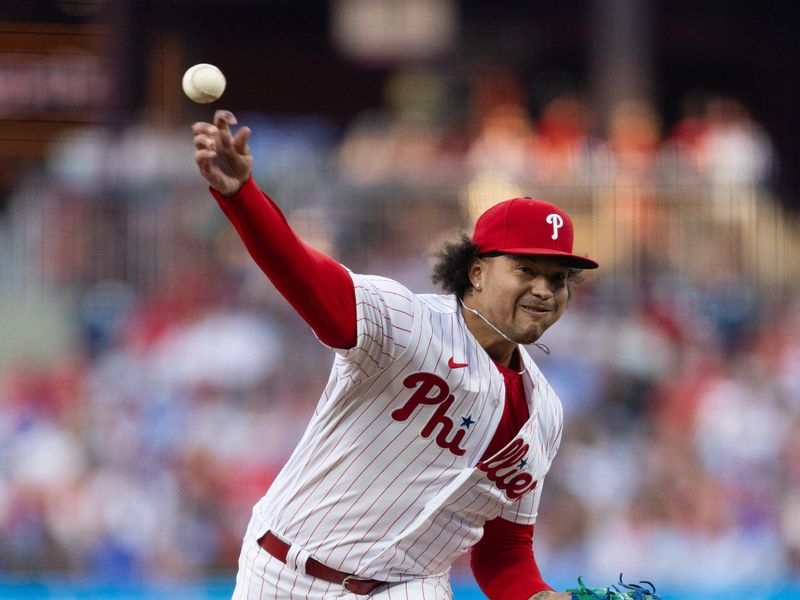 Aug 22, 2023; Philadelphia, Pennsylvania, USA; Philadelphia Phillies starting pitcher Taijuan Walker (99) throws pitch during the second inning against the San Francisco Giants at Citizens Bank Park. Mandatory Credit: Bill Streicher-USA TODAY Sports