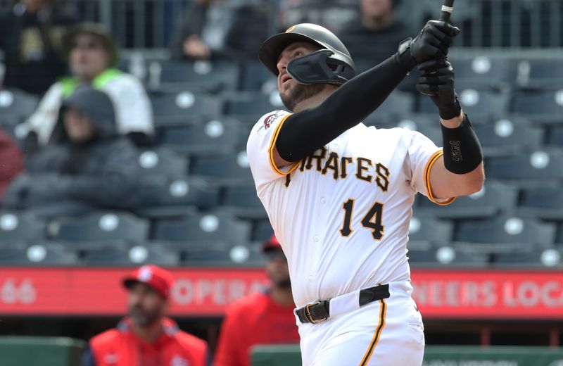 Apr 9, 2025; Pittsburgh, Pennsylvania, USA;  Pittsburgh Pirates catcher Joey Bart (14) hits a game winning walk off single to defeat the St. Louis Cardinals in the thirteenth inning at PNC Park. Mandatory Credit: Charles LeClaire-Imagn Images