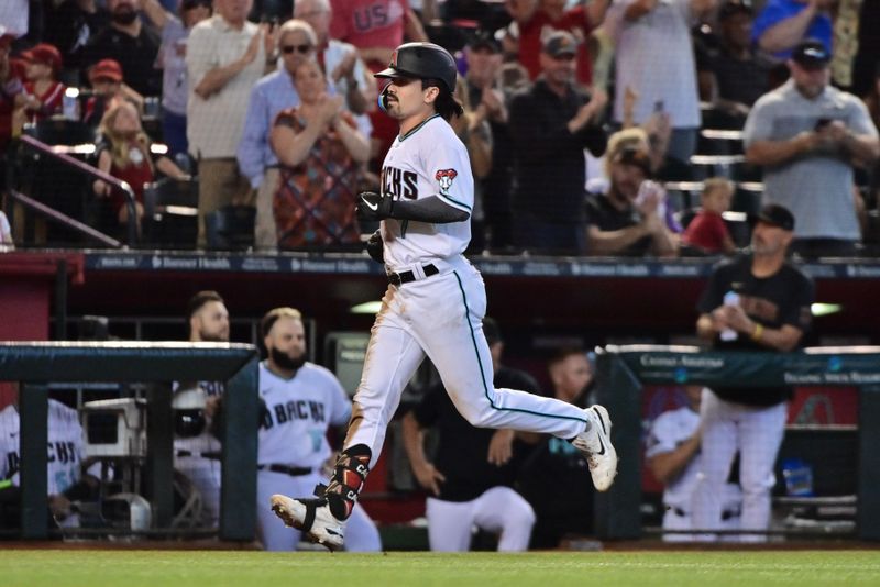 Sep 20, 2023; Phoenix, Arizona, USA;  Arizona Diamondbacks rookie left fielder Corbin Carroll (7) hits his 25th home run of the season in the seventh inning against the San Francisco Giants at Chase Field. Mandatory Credit: Matt Kartozian-USA TODAY Sports