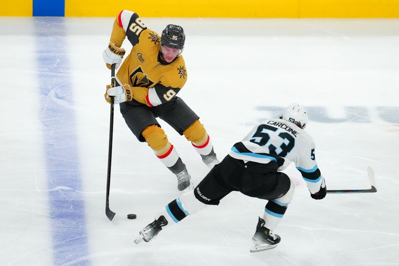 Nov 30, 2024; Las Vegas, Nevada, USA; Vegas Golden Knights right wing Victor Olofsson (95) skates around Utah Hockey Club left wing Michael Carcone (53) during the third period at T-Mobile Arena. Mandatory Credit: Stephen R. Sylvanie-Imagn Images