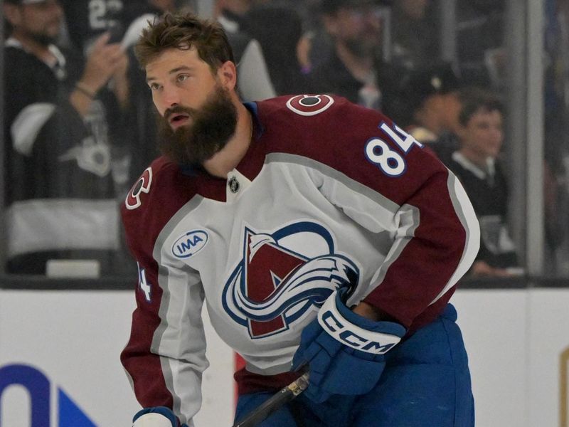 Oct 7, 2025; Los Angeles, California, USA;  Colorado Avalanche defenseman Brent Burns (84) warms up prior to the game against the Los Angeles Kings at Crypto.com Arena. Mandatory Credit: Jayne Kamin-Oncea-Imagn Images
