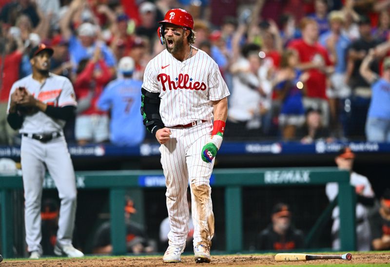 Jul 25, 2023; Philadelphia, Pennsylvania, USA; Philadelphia Phillies first baseman Bryce Harper (3) reacts after scoring against the Baltimore Orioles in the ninth inning at Citizens Bank Park. Mandatory Credit: Kyle Ross-USA TODAY Sports