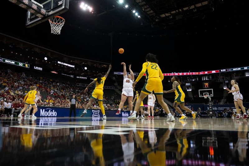 Mar 9, 2024; Kansas City, MO, USA; Iowa State Cyclones center Audi Crooks (55) shoots the ball while defended by Baylor Lady Bears forward Dre'Una Edwards (44) during the second half at T-Mobile Center. Mandatory Credit: Amy Kontras-USA TODAY Sports