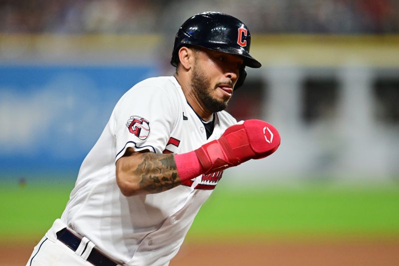 Sep 15, 2023; Cleveland, Ohio, USA; Cleveland Guardians shortstop Gabriel Arias (13) rounds third base en route to scoring during the fourth inning against the Texas Rangers at Progressive Field. Mandatory Credit: Ken Blaze-USA TODAY Sports