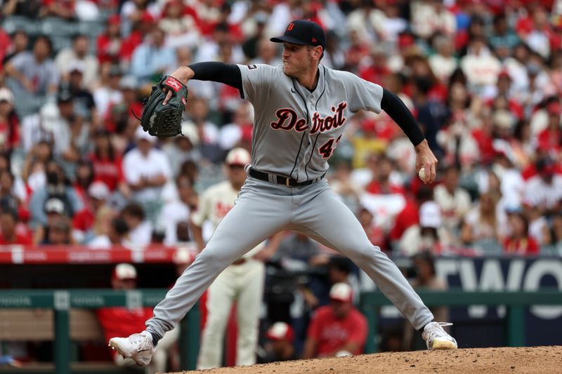 Sep 17, 2023; Anaheim, California, USA; Detroit Tigers starting pitcher Joey Wentz (43) pitches during the sixth inning against the Los Angeles Angels at Angel Stadium. Mandatory Credit: Kiyoshi Mio-USA TODAY Sports