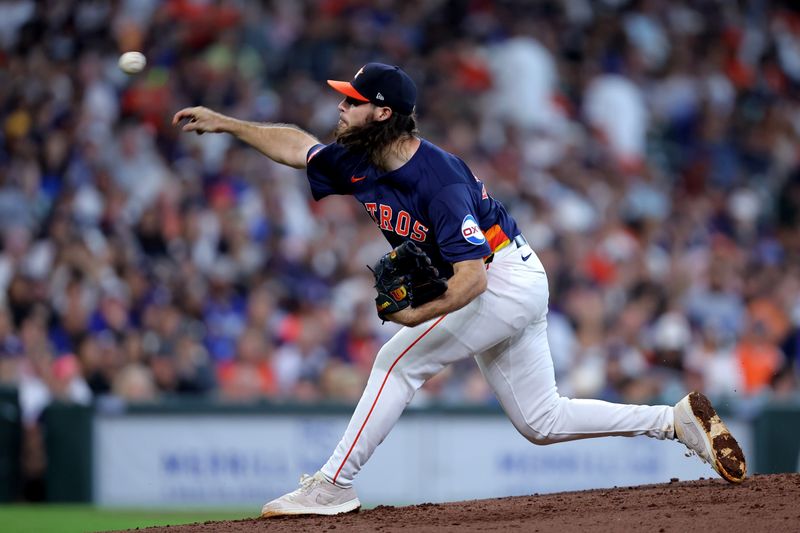Jul 28, 2024; Houston, Texas, USA; Houston Astros starting pitcher Spencer Arrighetti (41) delivers a pitch against the Los Angeles Dodgers during the third inning at Minute Maid Park. Mandatory Credit: Erik Williams-USA TODAY Sports