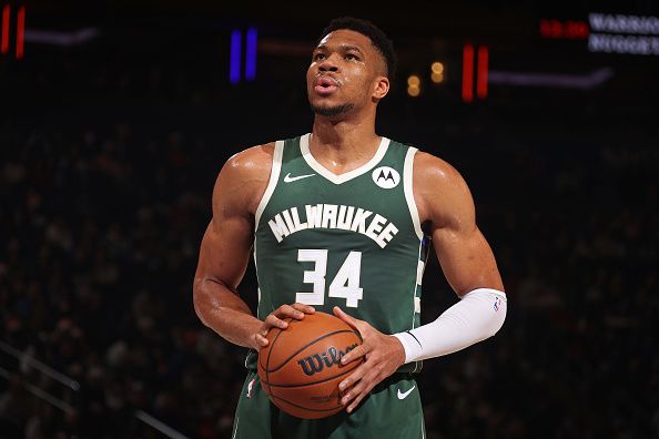 NEW YORK, NY - DECEMBER 25: Giannis Antetokounmpo #34 of the Milwaukee Bucks prepares to shoot a free throw against the New York Knicks on December 25, 2023 at Madison Square Garden in New York City, New York.  NOTE TO USER: User expressly acknowledges and agrees that, by downloading and or using this photograph, User is consenting to the terms and conditions of the Getty Images License Agreement. Mandatory Copyright Notice: Copyright 2023 NBAE  (Photo by Nathaniel S. Butler/NBAE via Getty Images)