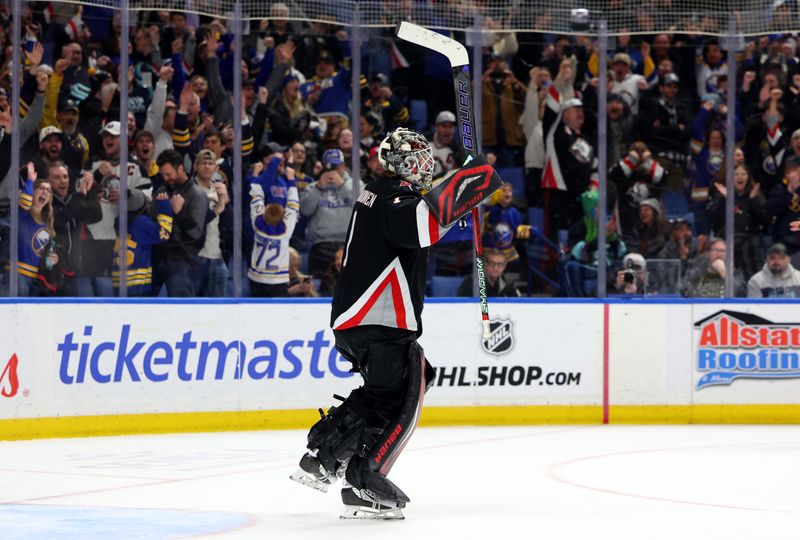 Mar 28, 2026; Buffalo, New York, USA; Buffalo Sabres goaltender Ukko-Pekka Luukkonen (1) reacts after winning the game in a shootout against the Seattle Kraken at KeyBank Center. Mandatory Credit: Timothy T. Ludwig-Imagn Images Mar 28, 2026; Buffalo, New York, USA; Buffalo Sabres goaltender Ukko-Pekka Luukkonen (1) reacts after winning the game in a shootout against the Seattle Kraken at KeyBank Center. Mandatory Credit: Timothy T. Ludwig-Imagn Images