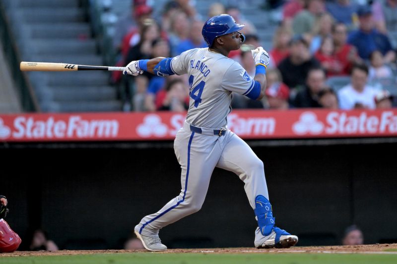 May 9, 2024; Anaheim, California, USA;  Kansas City Royals outfielder Dairon Blanco (44) hits a two-run home run off Los Angeles Angels pitcher Reid Detmers (48) in the third inning at Angel Stadium. Mandatory Credit: Jayne Kamin-Oncea-USA TODAY Sports