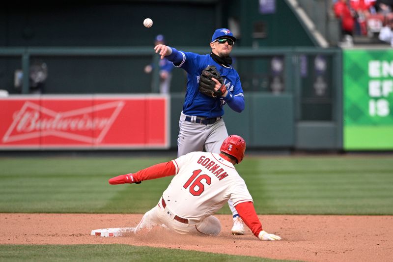 Apr 1, 2023; St. Louis, Missouri, USA; St. Louis Cardinals designated hitter Nolan Gorman (16) is out at second as Toronto Blue Jays second baseman Cavan Biggio (8) turns a double play in the eighth inning at Busch Stadium. Mandatory Credit: Joe Puetz-USA TODAY Sports