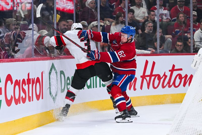 Oct 4, 2025; Montreal, Quebec, CAN; Montreal Canadiens center Owen Beck (62) checks Ottawa Senators defenseman Nick Jensen (3) into the boards during the third period at Bell Centre. Mandatory Credit: David Kirouac-Imagn Images