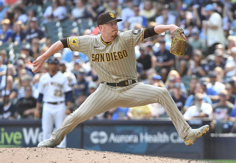 Aug 27, 2023; Milwaukee, Wisconsin, USA; San Diego Padres relief pitcher Steven Wilson (36) delivers a pitch agains the Milwaukee Brewers in the sixth inning at American Family Field. Mandatory Credit: Michael McLoone-USA TODAY Sports