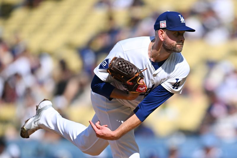 Jul 21, 2024; Los Angeles, California, USA; Los Angeles Dodgers pitcher James Paxton (65) throws a pitch against the Boston Red Sox during the first inning at Dodger Stadium. Mandatory Credit: Jonathan Hui-USA TODAY Sports