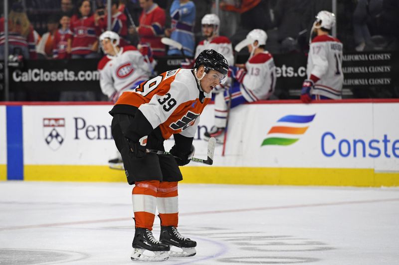 Oct 27, 2024; Philadelphia, Pennsylvania, USA; Philadelphia Flyers right wing Matvei Michkov (39) reacts after loss to Montreal Canadiens at Wells Fargo Center. Mandatory Credit: Eric Hartline-Imagn Images