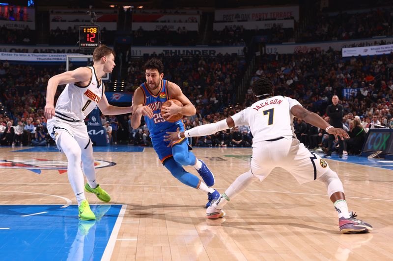 OKLAHOMA CITY, OK - JANUARY 31: Vasilije Micic #29 of the Oklahoma City Thunder drives to the basket during the game against the Denver Nuggets on January 31, 2024 at Paycom Arena in Oklahoma City, Oklahoma. NOTE TO USER: User expressly acknowledges and agrees that, by downloading and or using this photograph, User is consenting to the terms and conditions of the Getty Images License Agreement. Mandatory Copyright Notice: Copyright 2024 NBAE (Photo by Zach Beeker/NBAE via Getty Images)